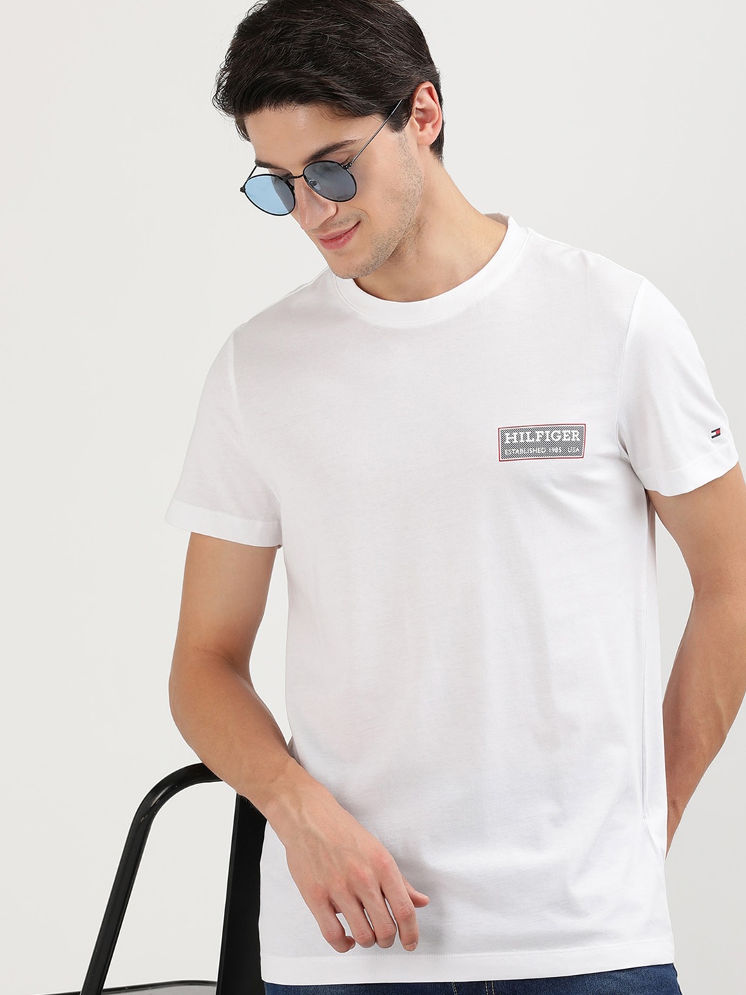 Tommy Hilfiger Men Solid Typography V-Neck Pockets T-shirt, White