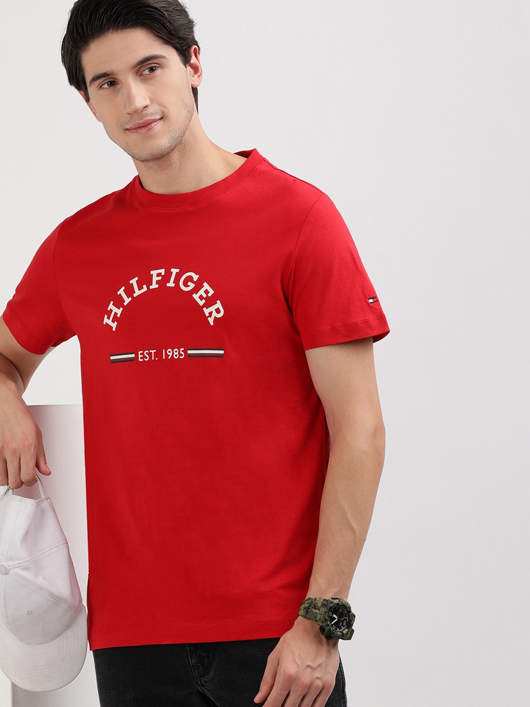 

Tommy Hilfiger Round Neck Typography Printed Regular Fit Cotton T-shirt, Red