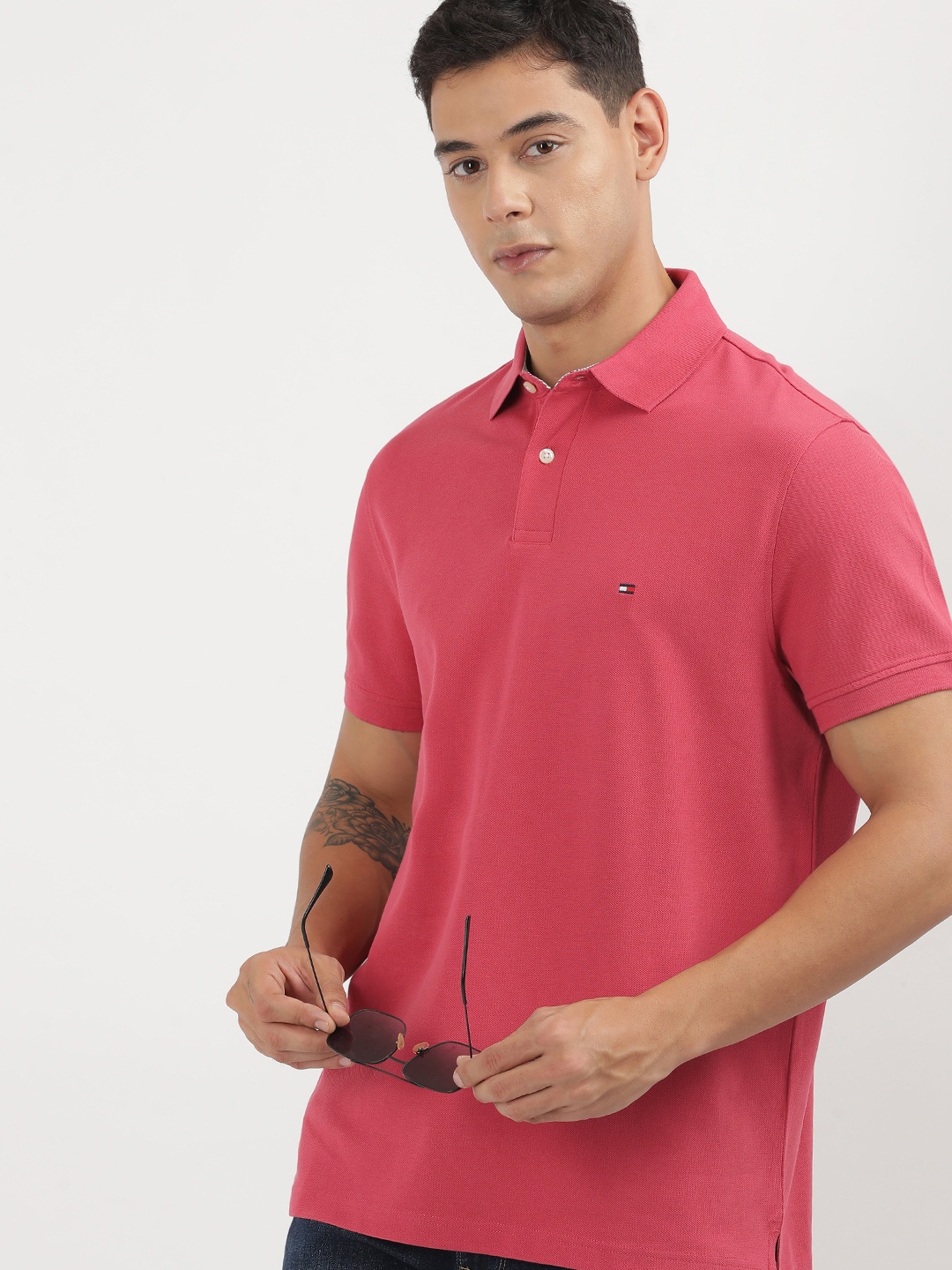 

Tommy Hilfiger Men Solid Polo Collar Pockets T-shirt, Pink
