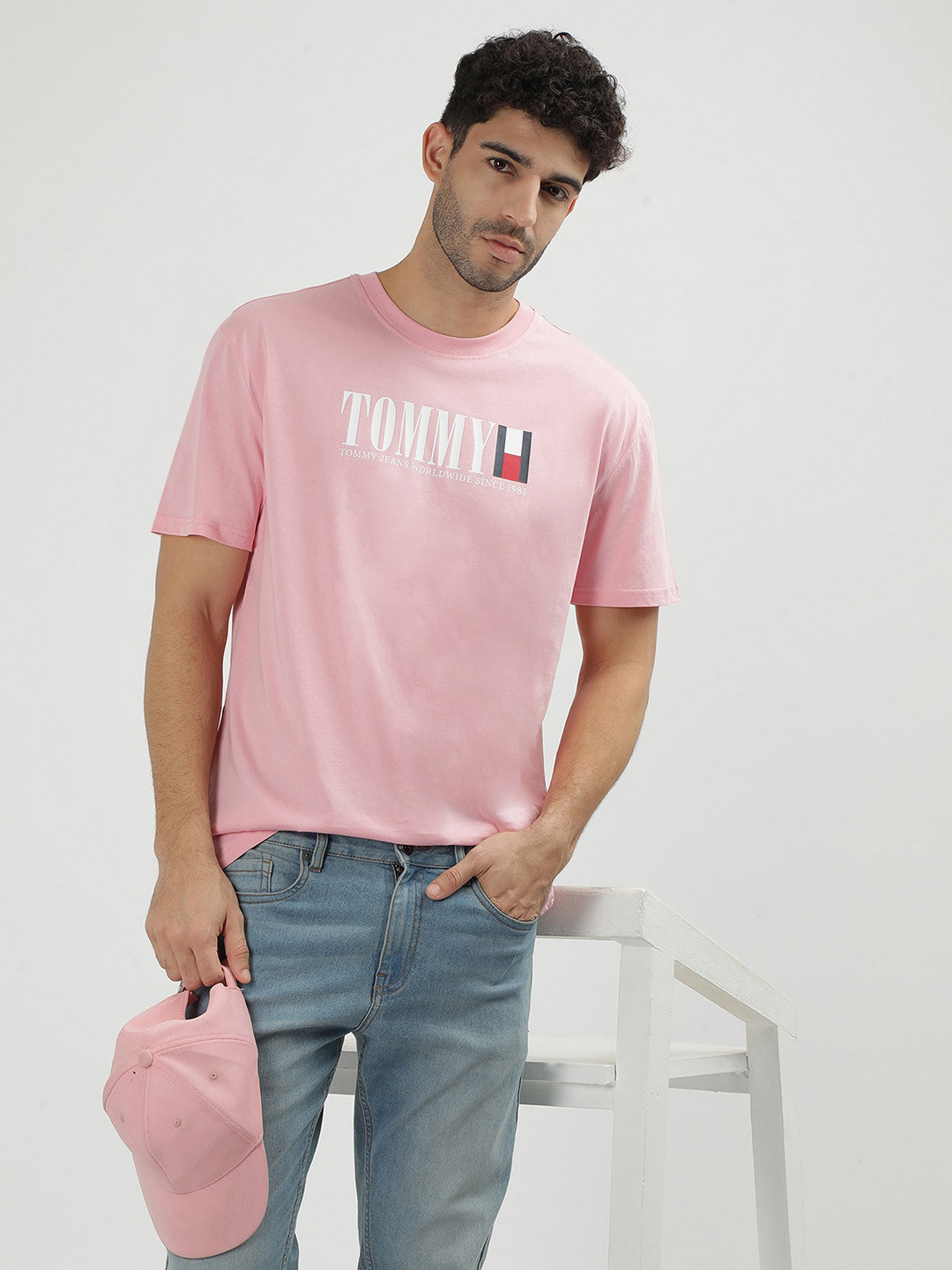 

Tommy Hilfiger Round Neck Typography Printed Regular Fit Cotton T-shirt, Pink