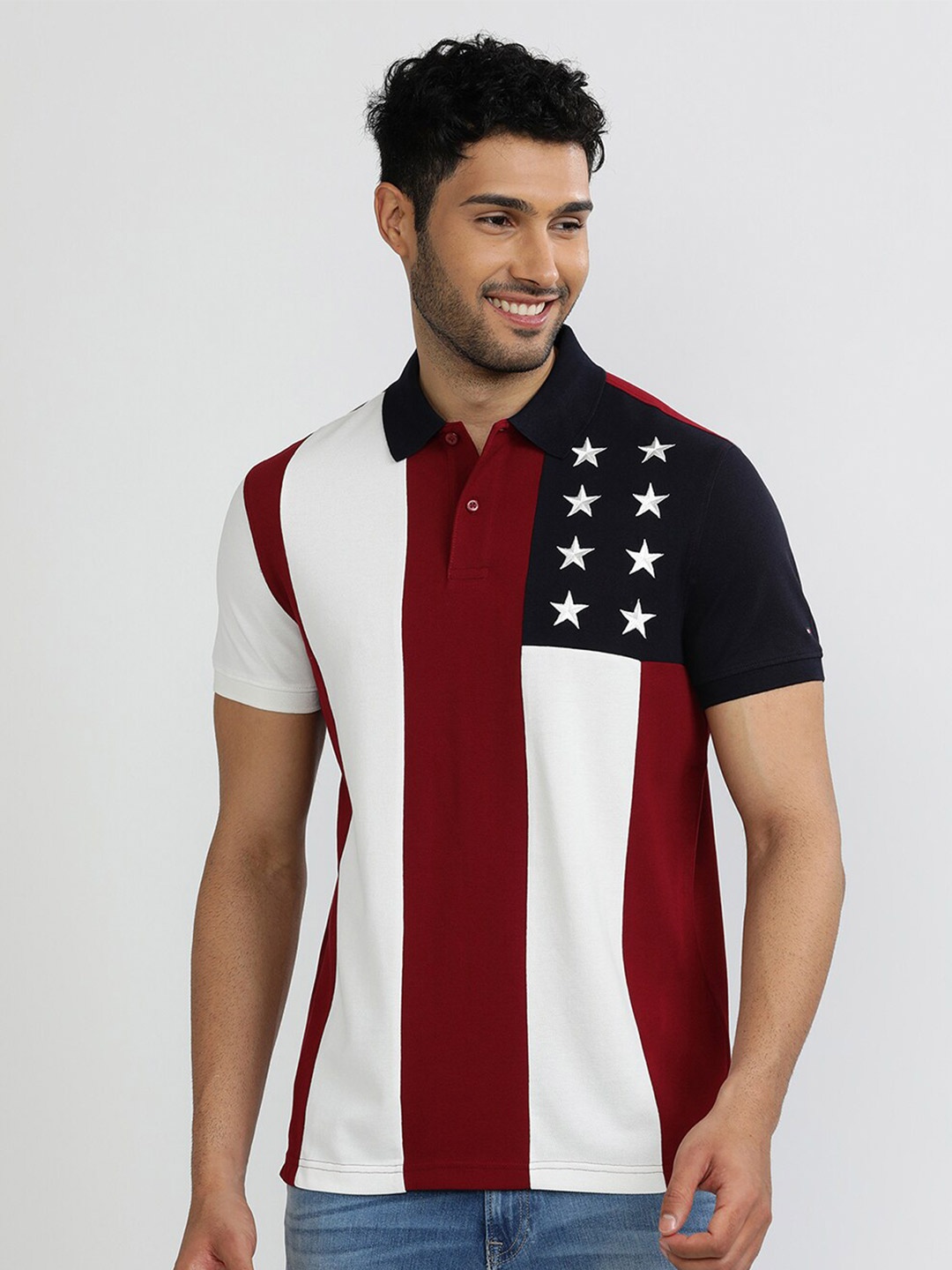 

Tommy Hilfiger Polo Collar Short Sleeves Geometric Printed Regular Fit Cotton T-shirt, Blue
