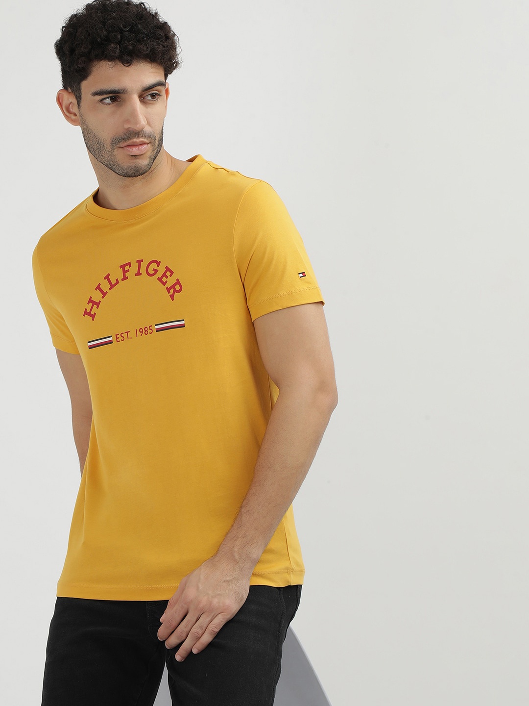 

Tommy Hilfiger Men Solid Typography Printed Applique T-shirt, Yellow