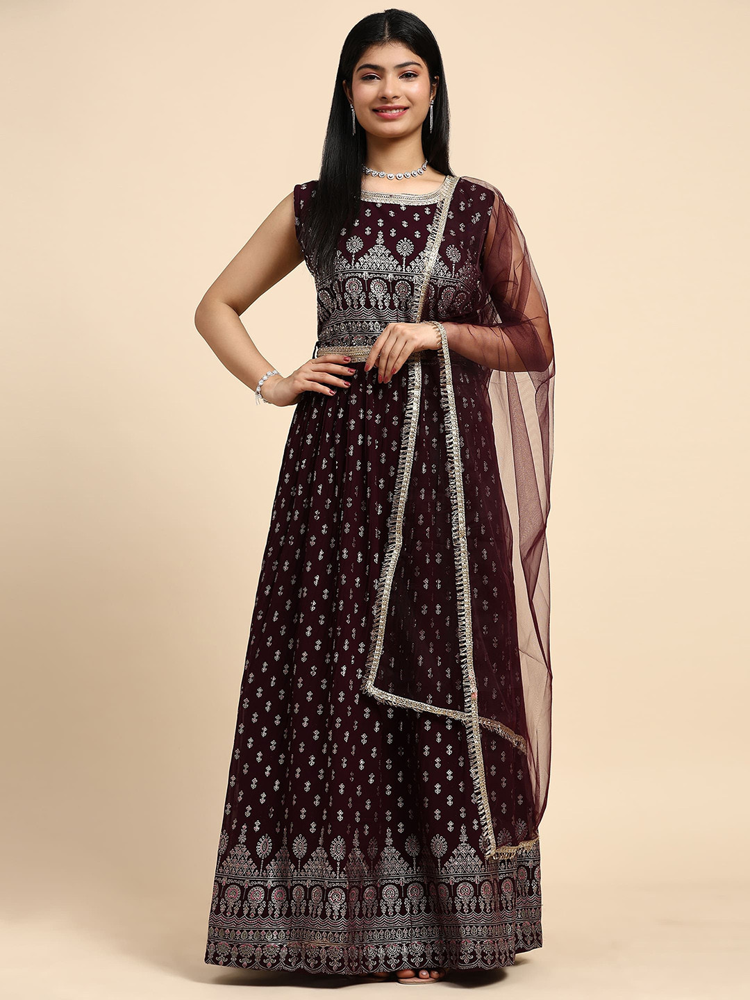

AMOHA TRENDZ Women Pure Georgette Embroidered and Foil Printed Gown with Belt & Dupatta, Purple