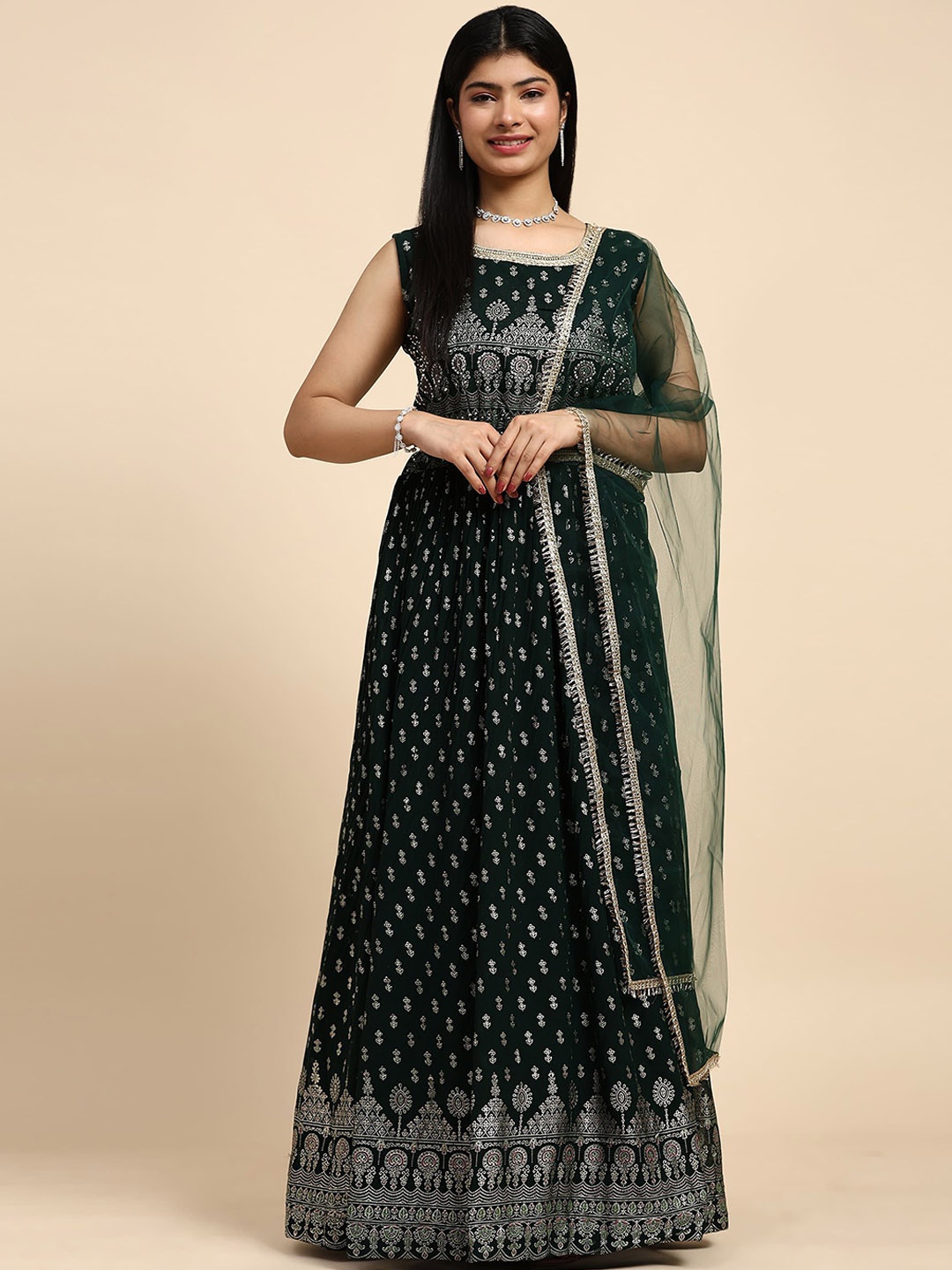

AMOHA TRENDZ Women Pure Georgette Embroidered and Foil Printed Gown with Belt & Dupatta, Green