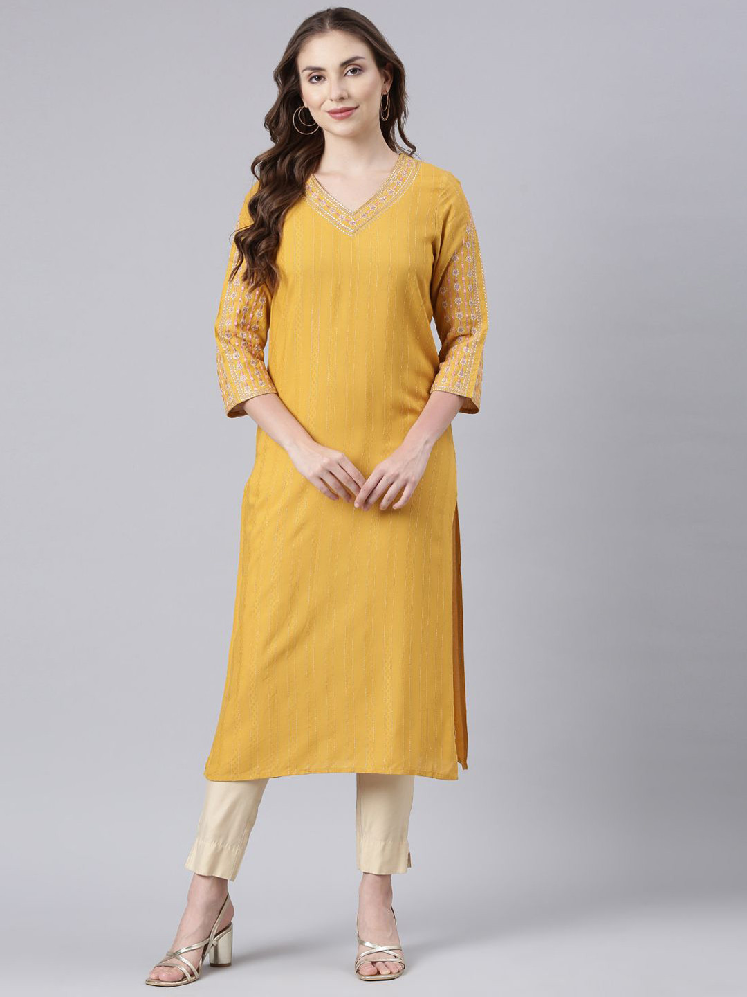 

Neerus Women Striped Regular Sleeves Thread Work Kurta, Mustard