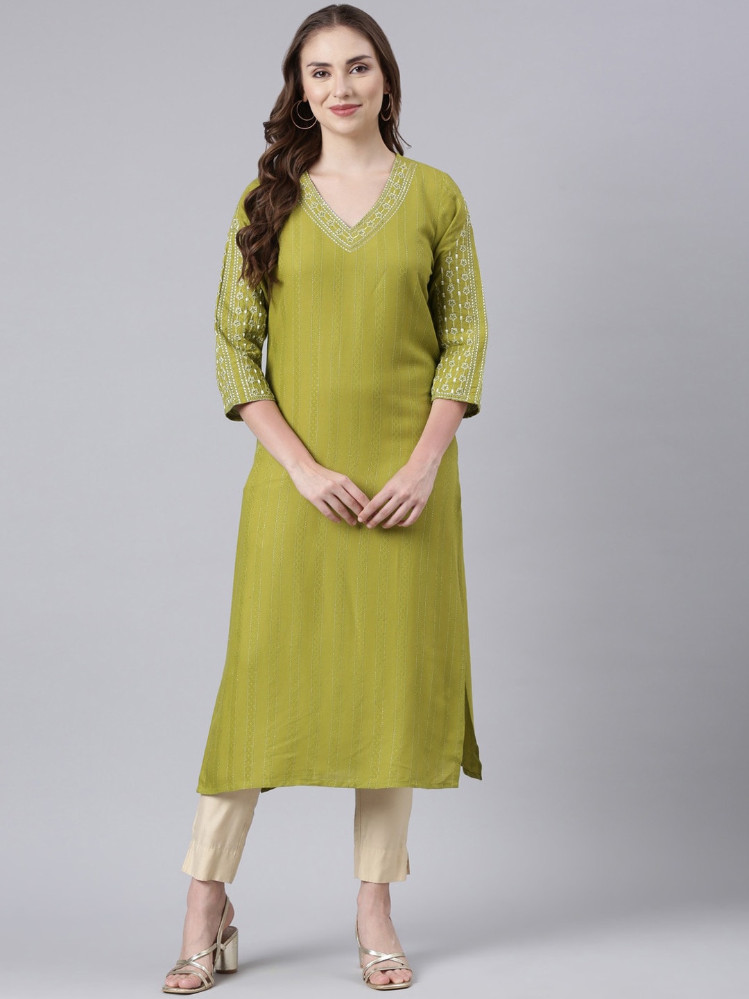 

Neerus Women Striped Flared Sleeves Thread Work Kurta, Green