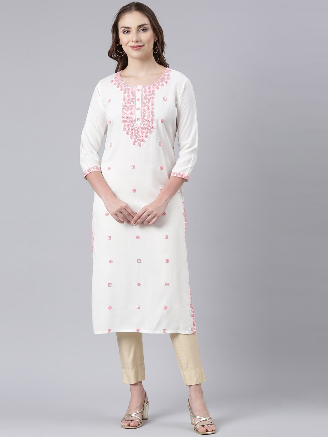 

Neerus Women Embroidered Chikankari Kurta, Pink