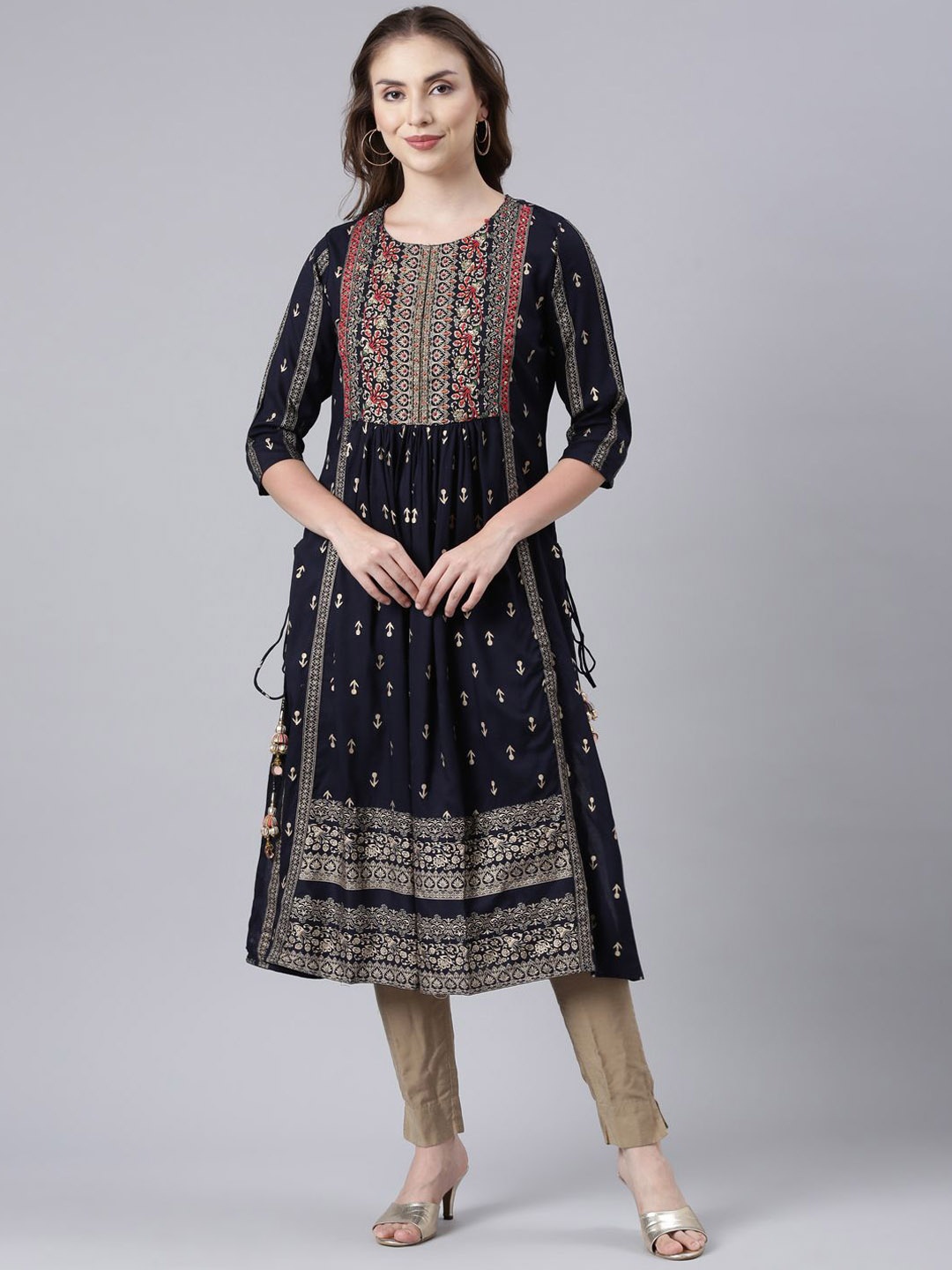

Neerus Women Ethnic Motifs Striped Sequinned Anarkali Kurta, Navy blue