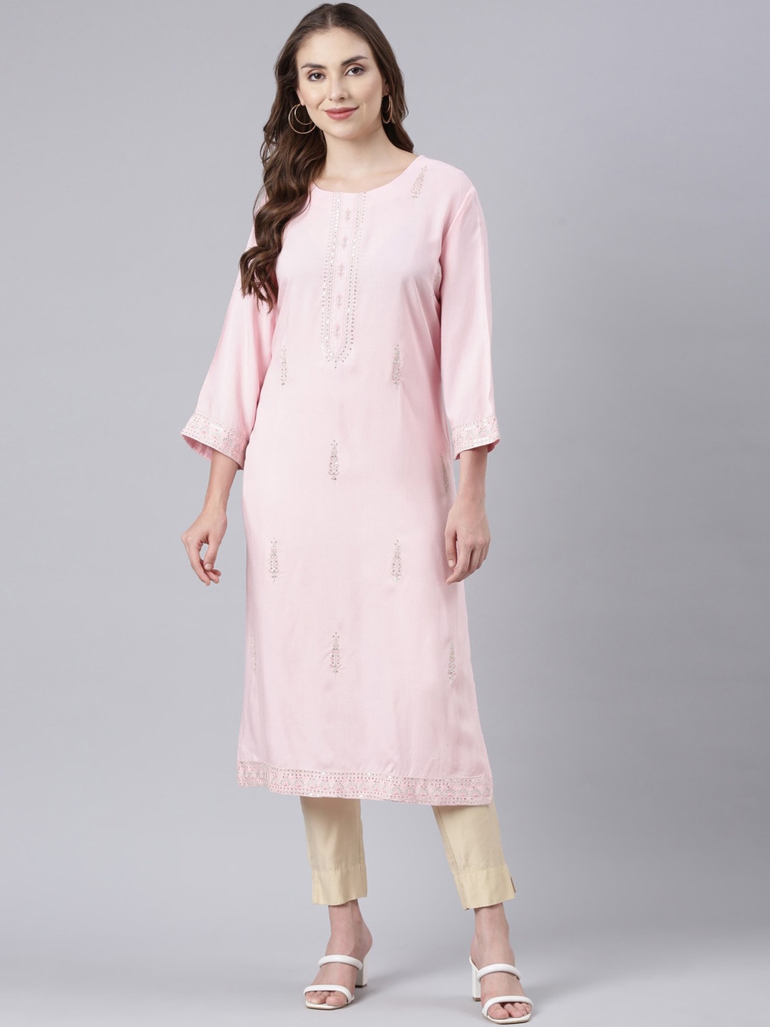 

Neerus Women Embroidered Keyhole Neck Regular Sleeves Chikankari Kurta, Pink