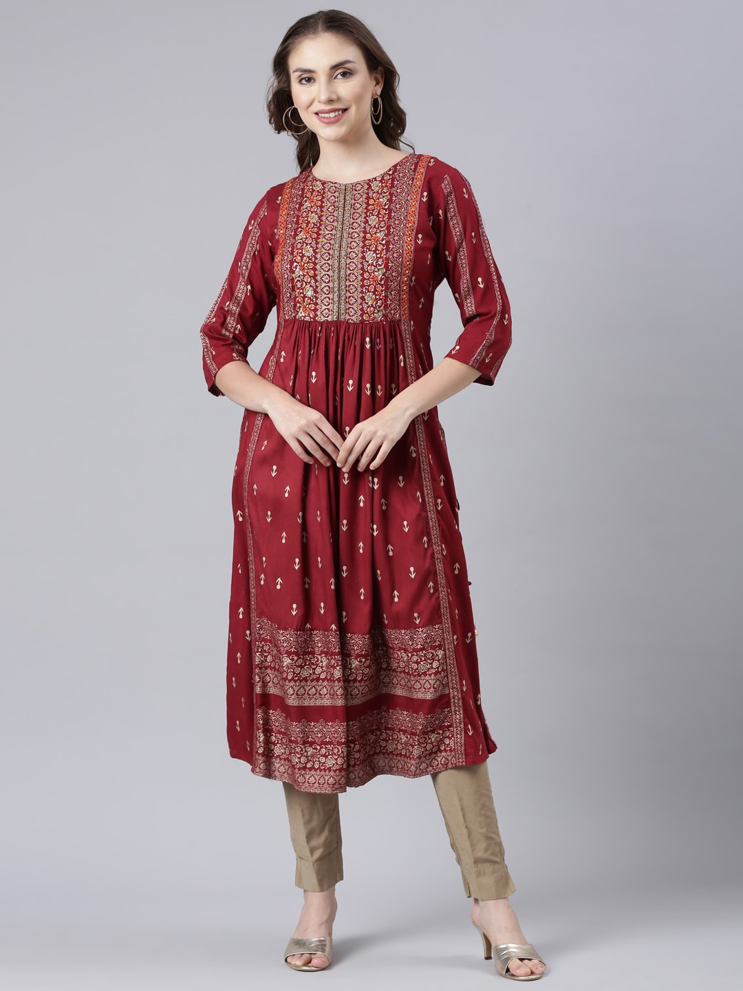 

Neerus Women Ethnic Motifs Printed Sequinned Anarkali Kurta, Maroon