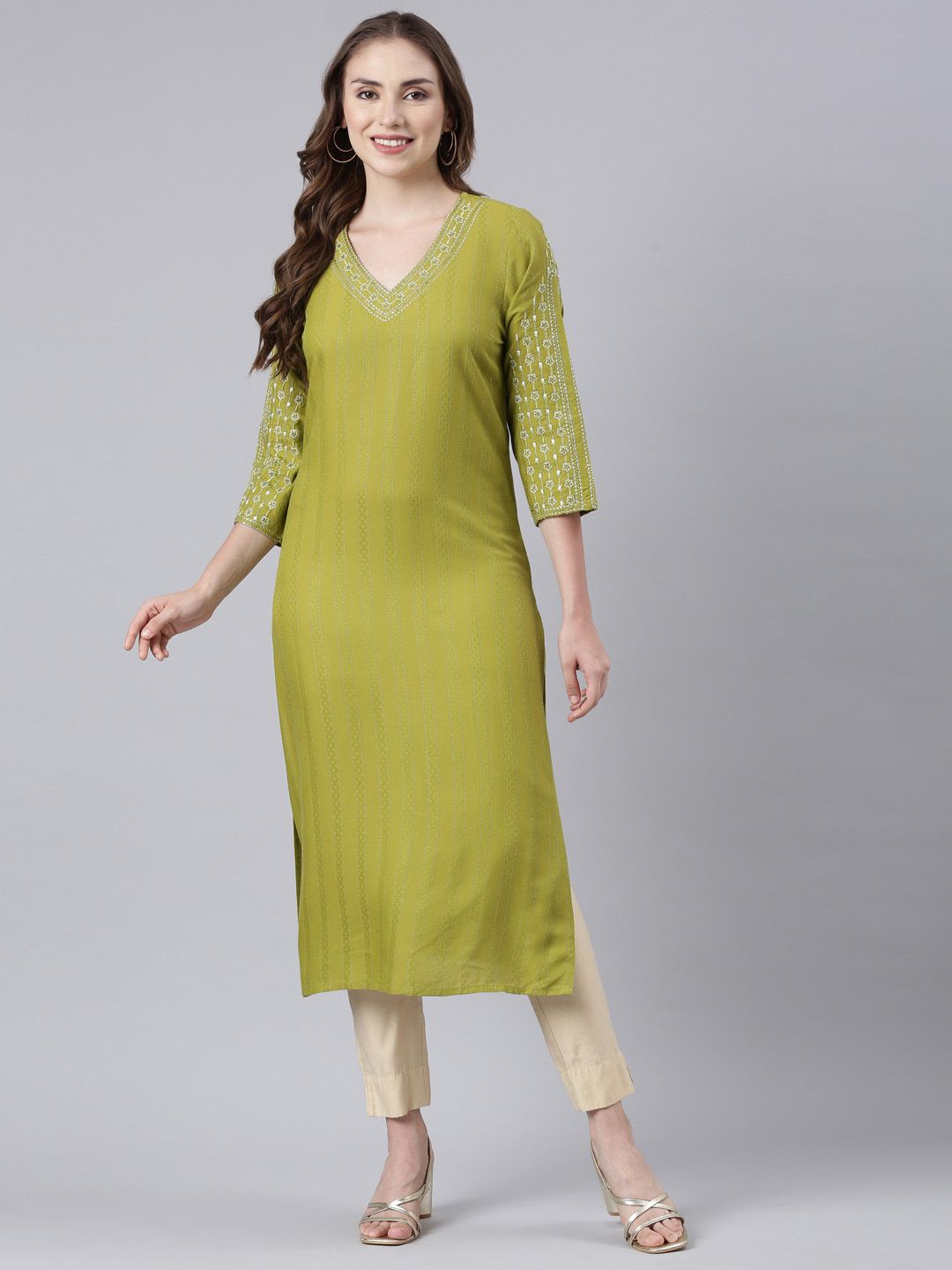 

Neerus Women Striped Regular Sleeves Kurta, Green