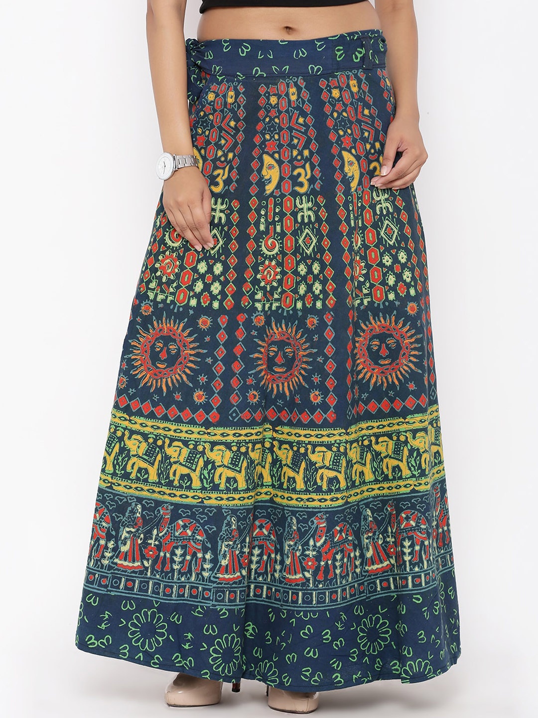 

SOUNDARYA Women Abstract Printed Pure Cotton Flared Maxi Skirt, Green