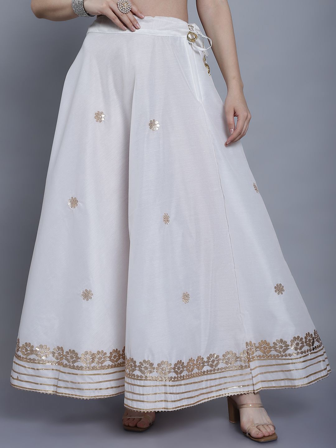 

SOUNDARYA Chanderi Silk Gota Patti Work Solid Flared Maxi Skirt, White