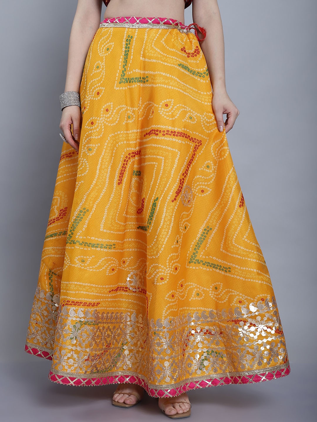 

SOUNDARYA Printed Kota Doriya Hand Gota Patti Work Skirt, Yellow