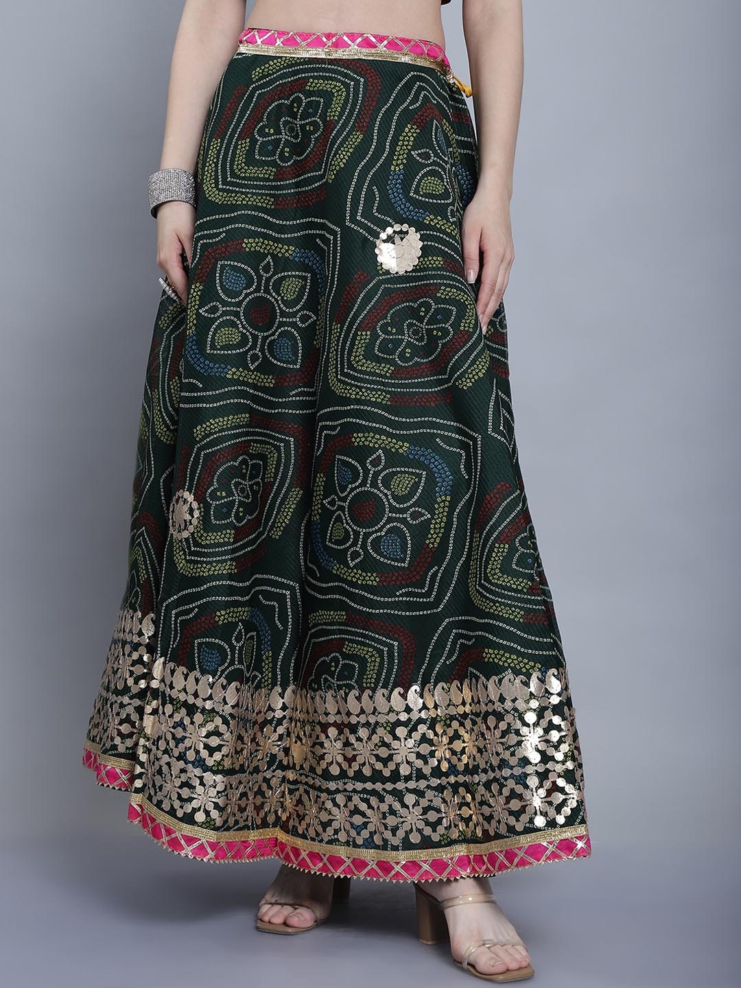 

SOUNDARYA Printed Kota Doriya Hand Gota Patti Work Skirt, Green