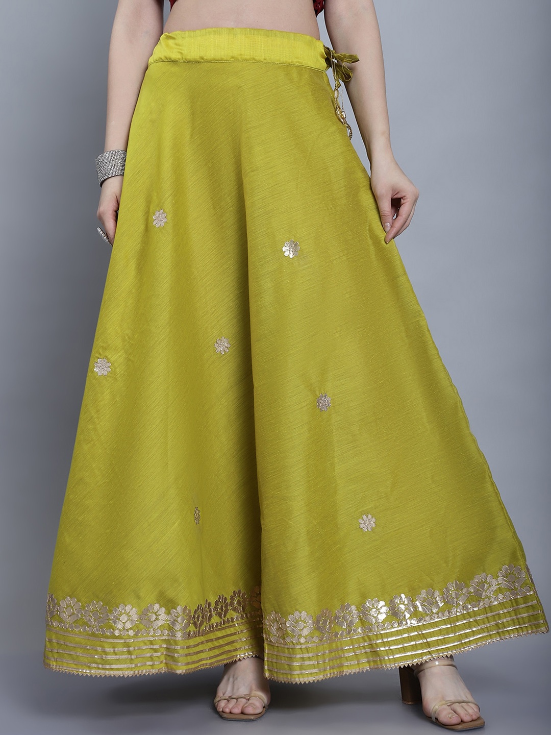 

SOUNDARYA Women Gota Patti Work Flared Maxi Skirt, Olive