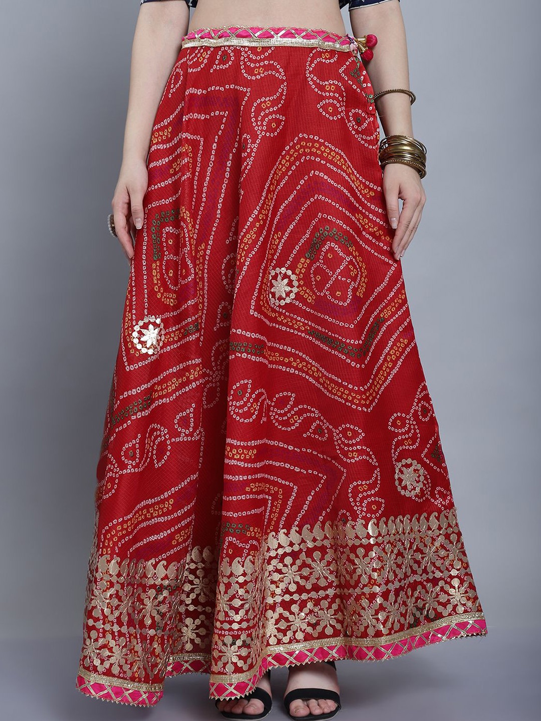 

SOUNDARYA Cotton Printed Kota Doriya Hand Gota Patti Flared Maxi Skirt, Red