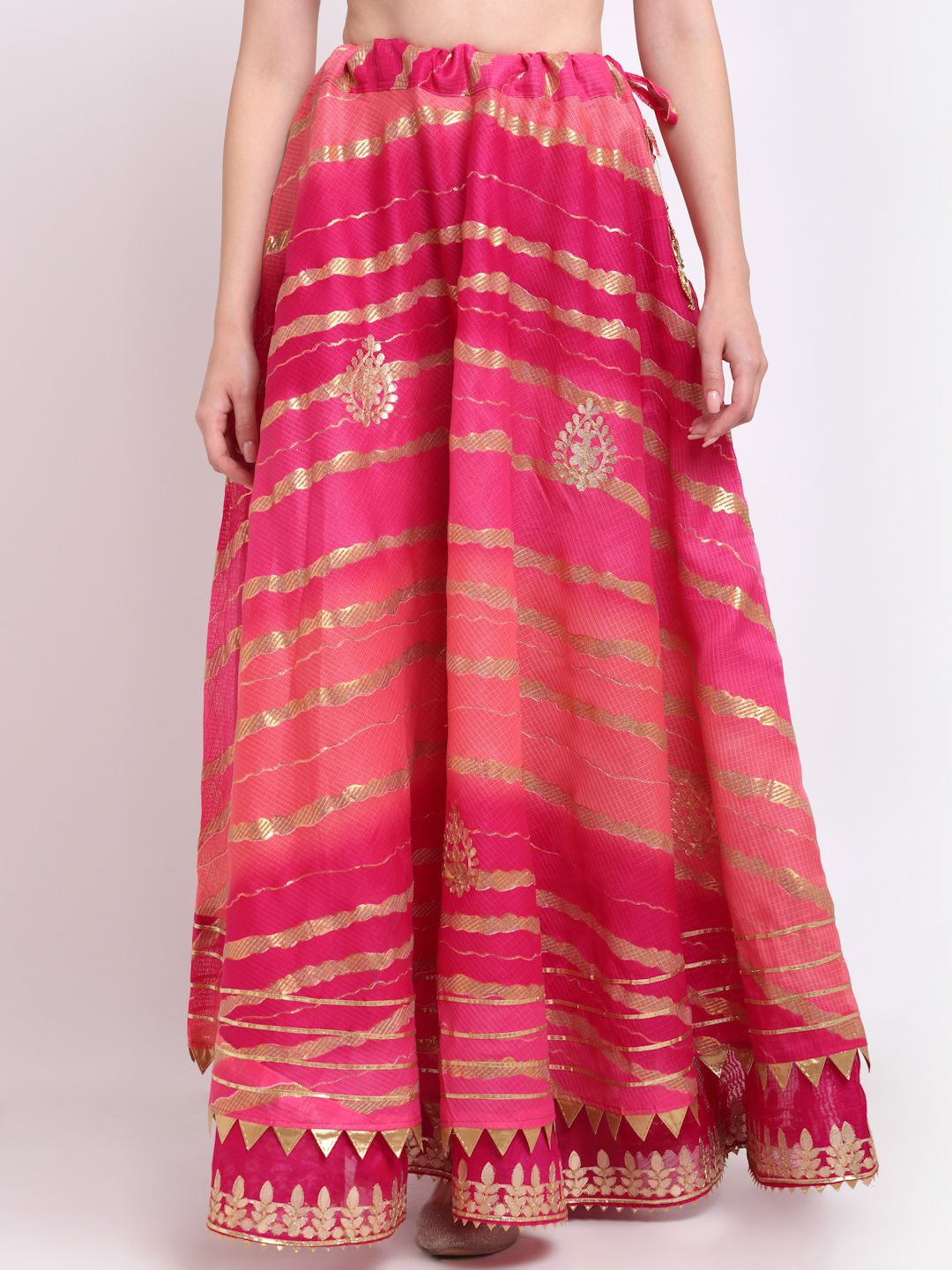 SOUNDARYA Printed Kota Doriya Hand Gota Patti Work Skirt, Pink