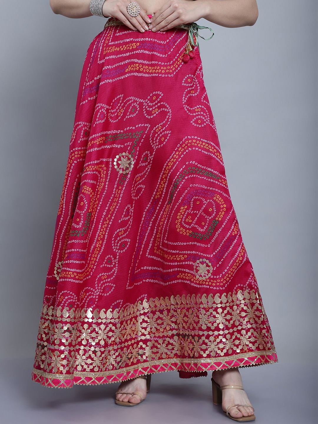 

SOUNDARYA Cotton Printed Kota Doriya Hand Gota Patti Flared Maxi Skirt, Magenta