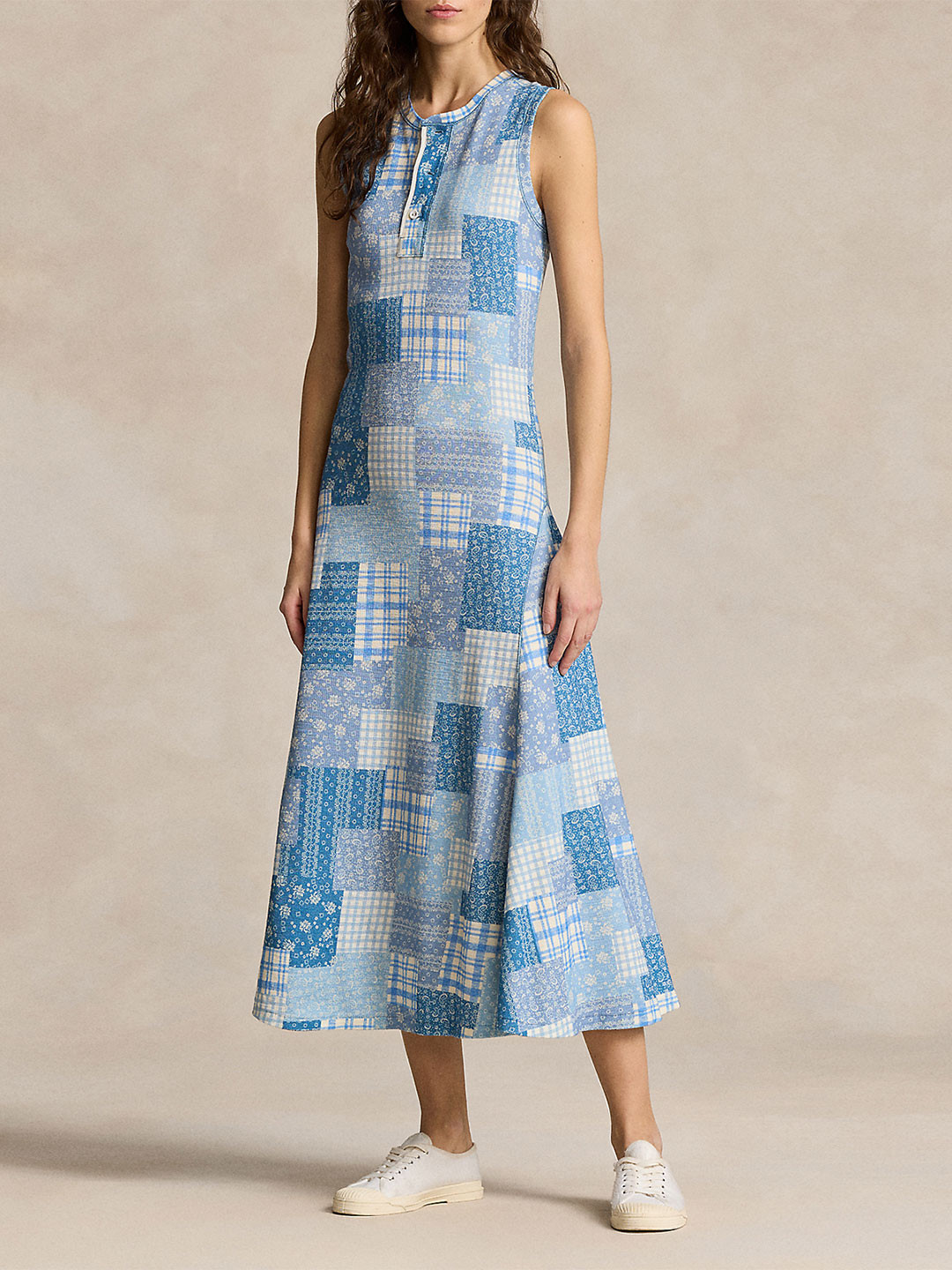 

Polo Ralph Lauren Round Neck Printed Cotton Sleeveless Fit and Flare Midi Dress, Blue