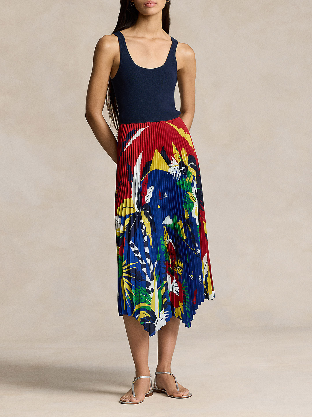 

Polo Ralph Lauren Floral Printed Accordian Pleated Sleeveless Asymmetric A-line Midi Dress, Red