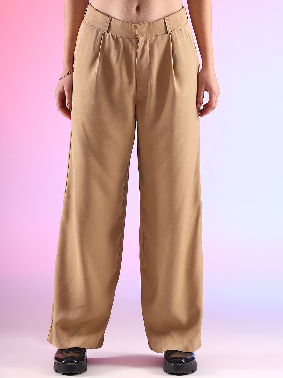 

BAESD Women High-Rise Pleated Trousers, Beige