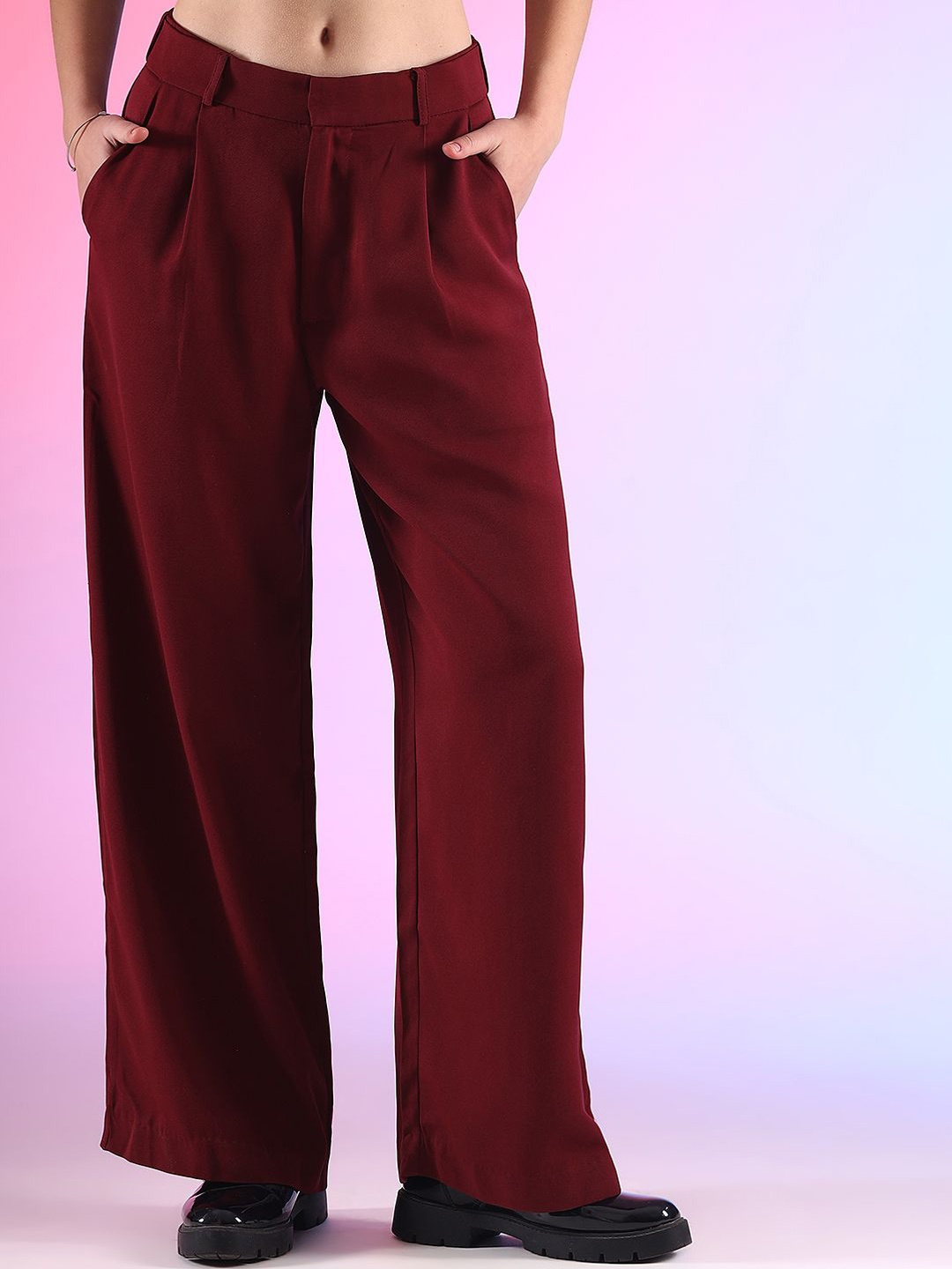 

BAESD Women High-Rise Pleated Trousers, Maroon