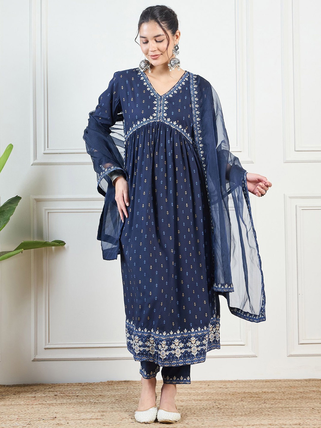 

KALINI Women Ethnic Motifs Printed Empire Kurta with Trousers & With Dupatta, Blue