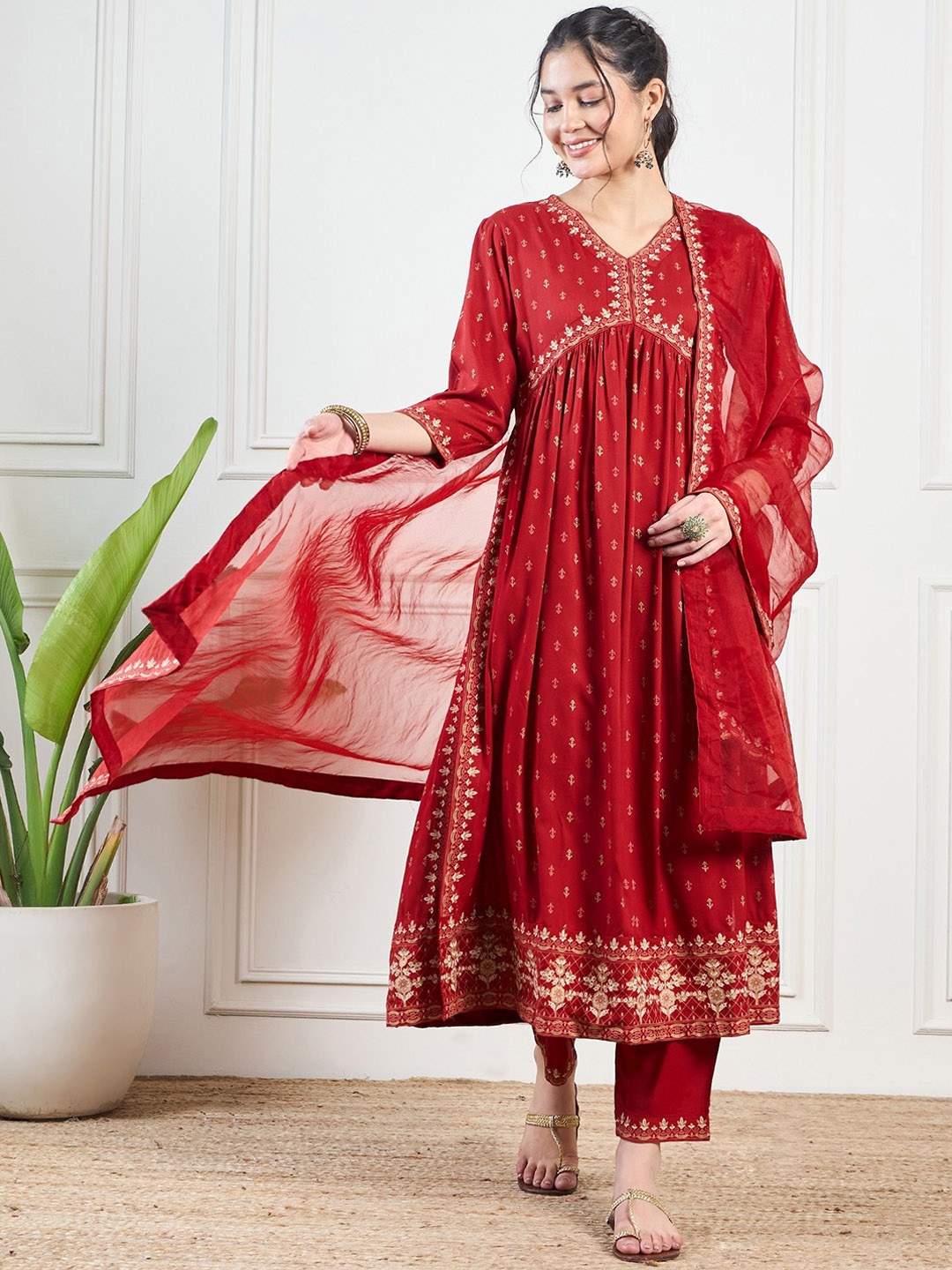 

KALINI Women Ethnic Motifs Printed Empire Kurta with Palazzos & With Dupatta, Red