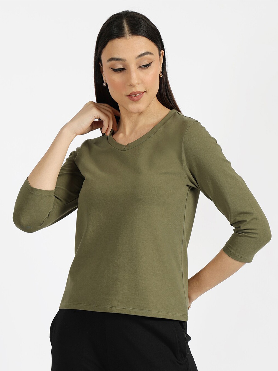 

Blissclub V-Neck Three-Quarter Sleeves Moisture Wicking Formal T-shirt, Olive
