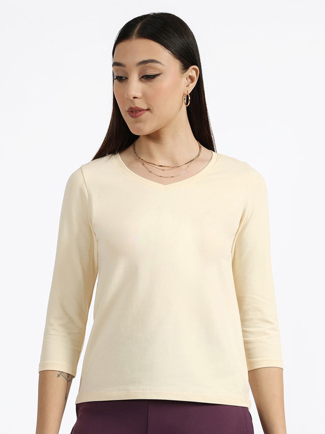 

Blissclub V-Neck Three-Quarter Sleeves Moisture Wicking Formal T-shirt, Beige