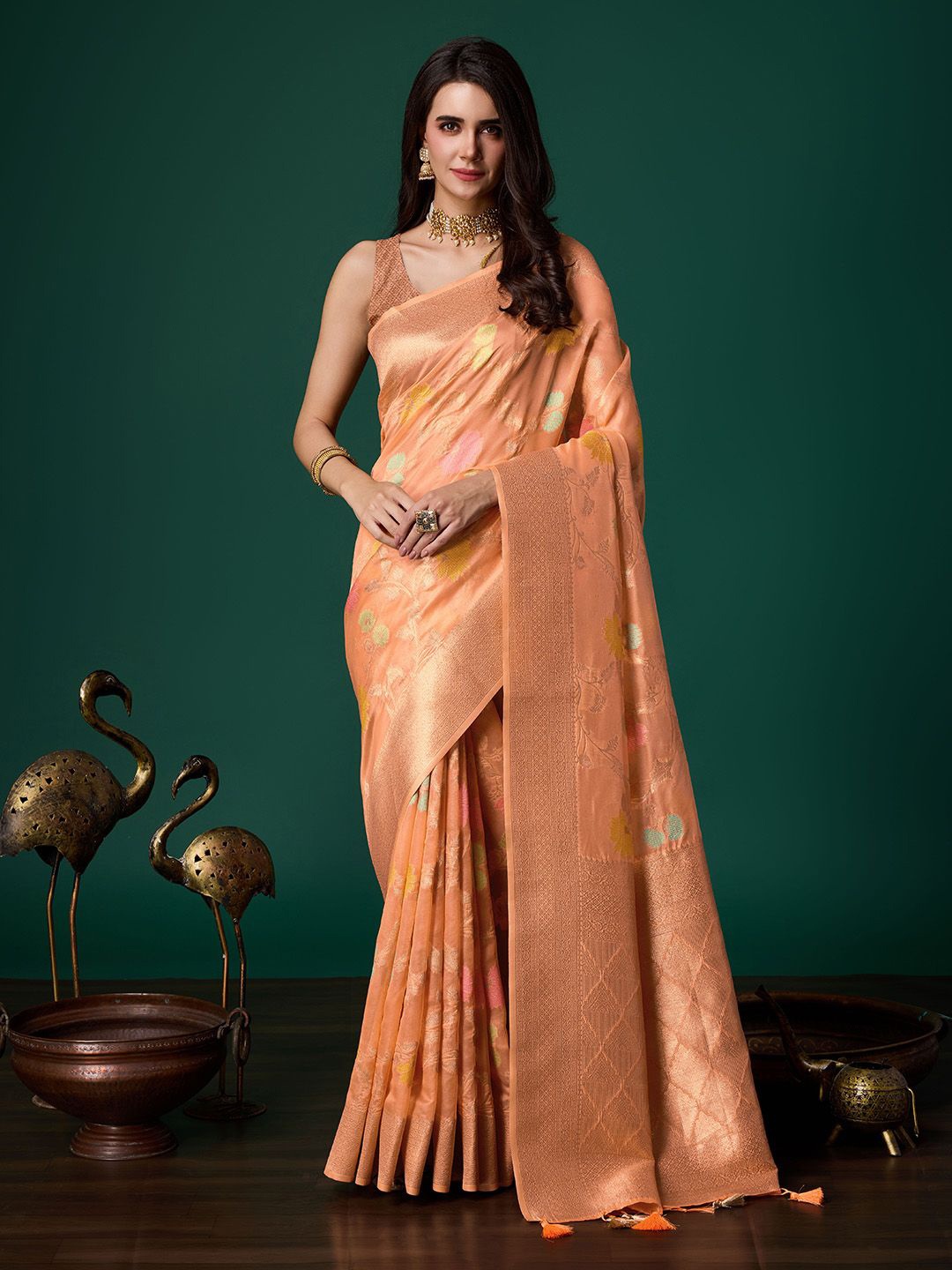

Ishin Woven Design Zari Organza Saree, Orange