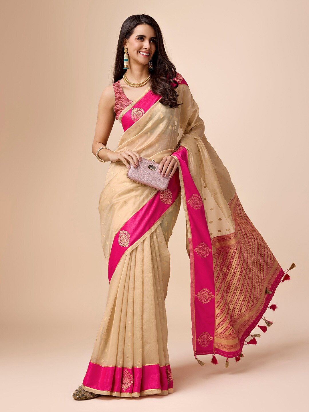 

Ishin Woven Design Zari Organza Saree, Beige