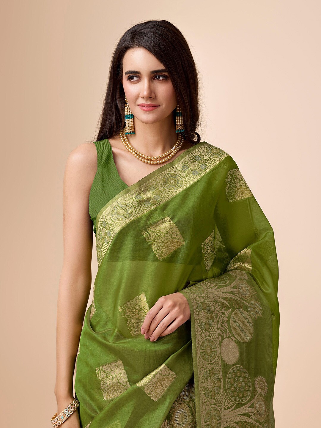 

Ishin Ethnic Motifs Zari Organza Saree With Blouse Piece, Lime green