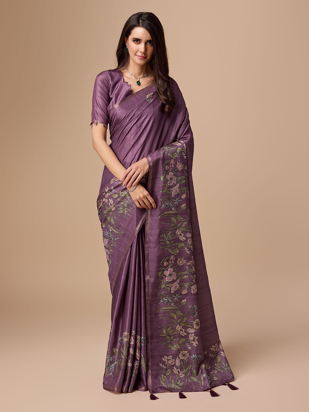 

Ishin Floral Zari Saree With Blouse Piece, Purple