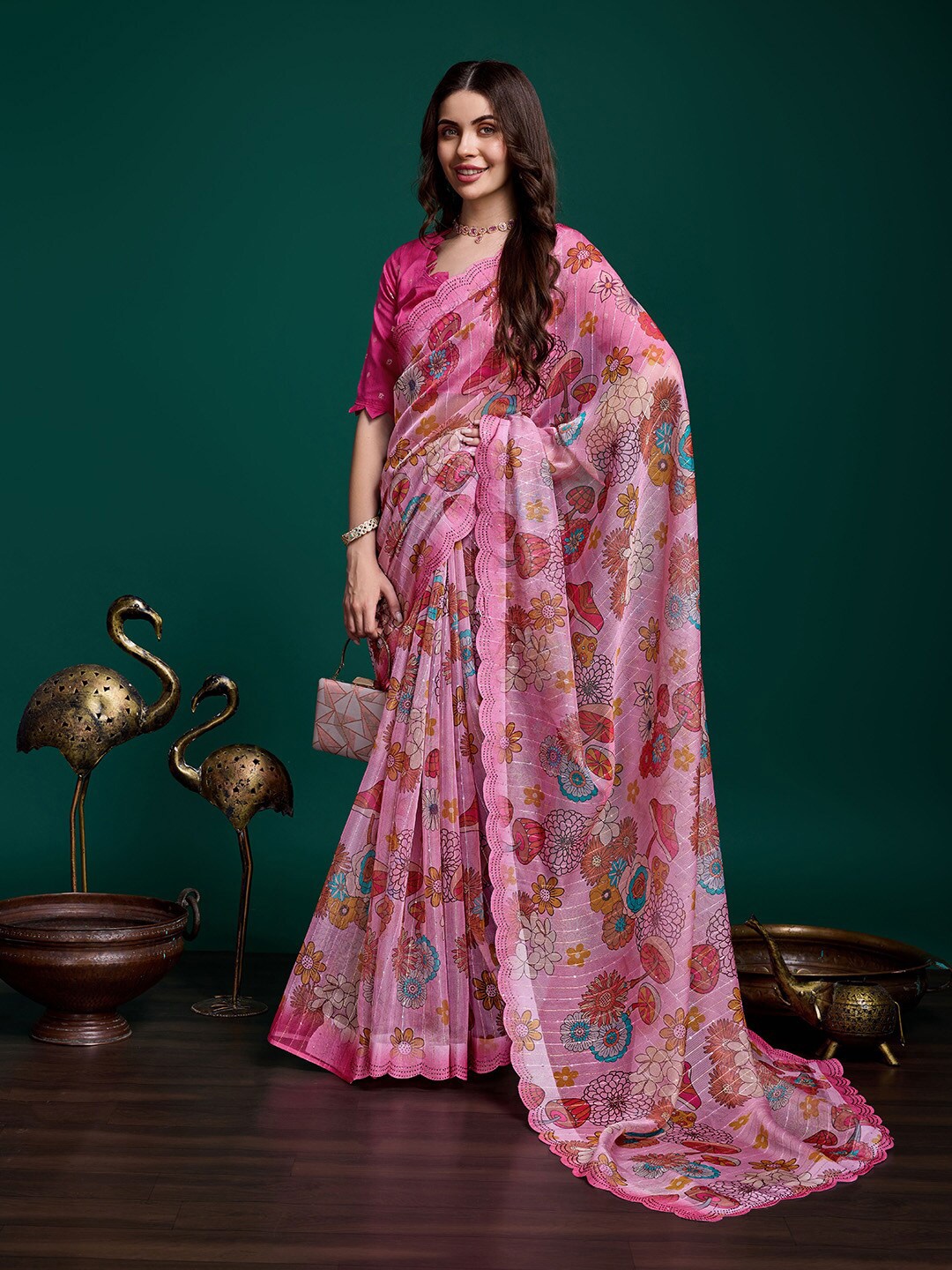 

Ishin Floral Embellished Beads and Stones Organza Saree With Blouse Piece, Pink