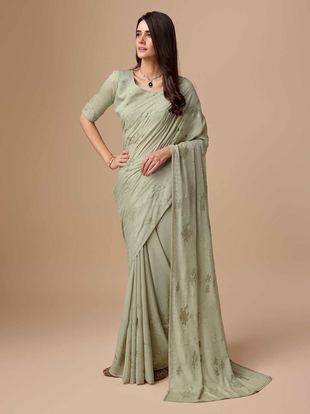 

Ishin Ethnic Motifs Embellished Beads and Stones Saree With Blouse Piece, Green