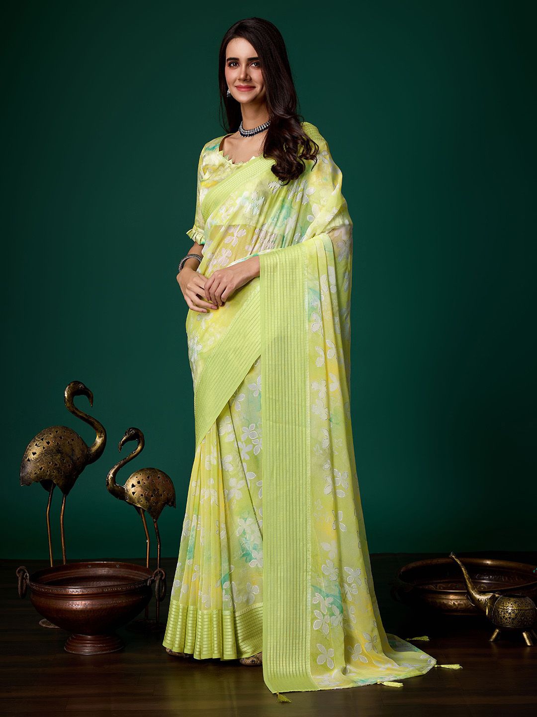 

Ishin Floral Saree, Lime green