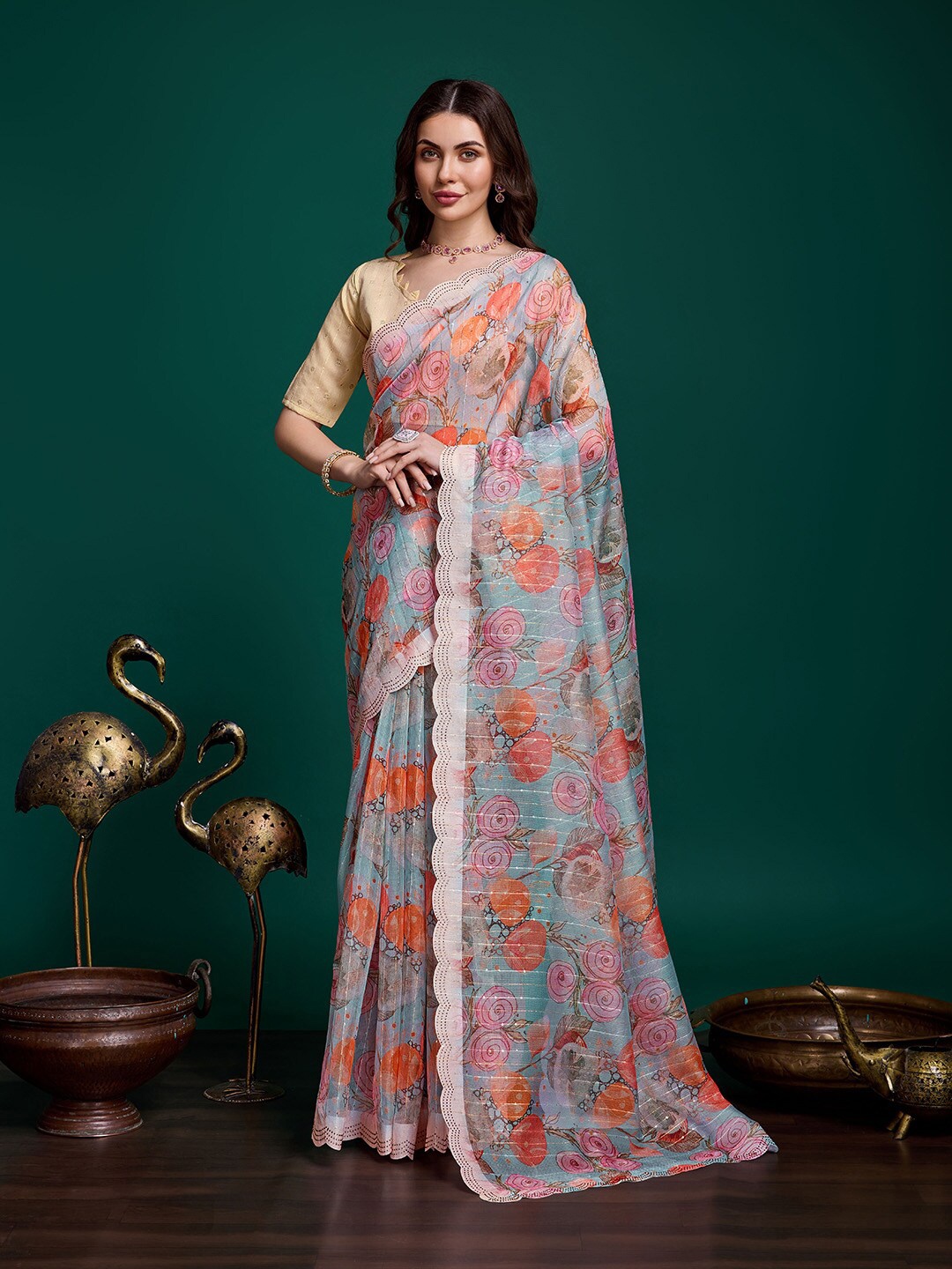 

Ishin Floral Beads and Stones Organza Saree, Beige