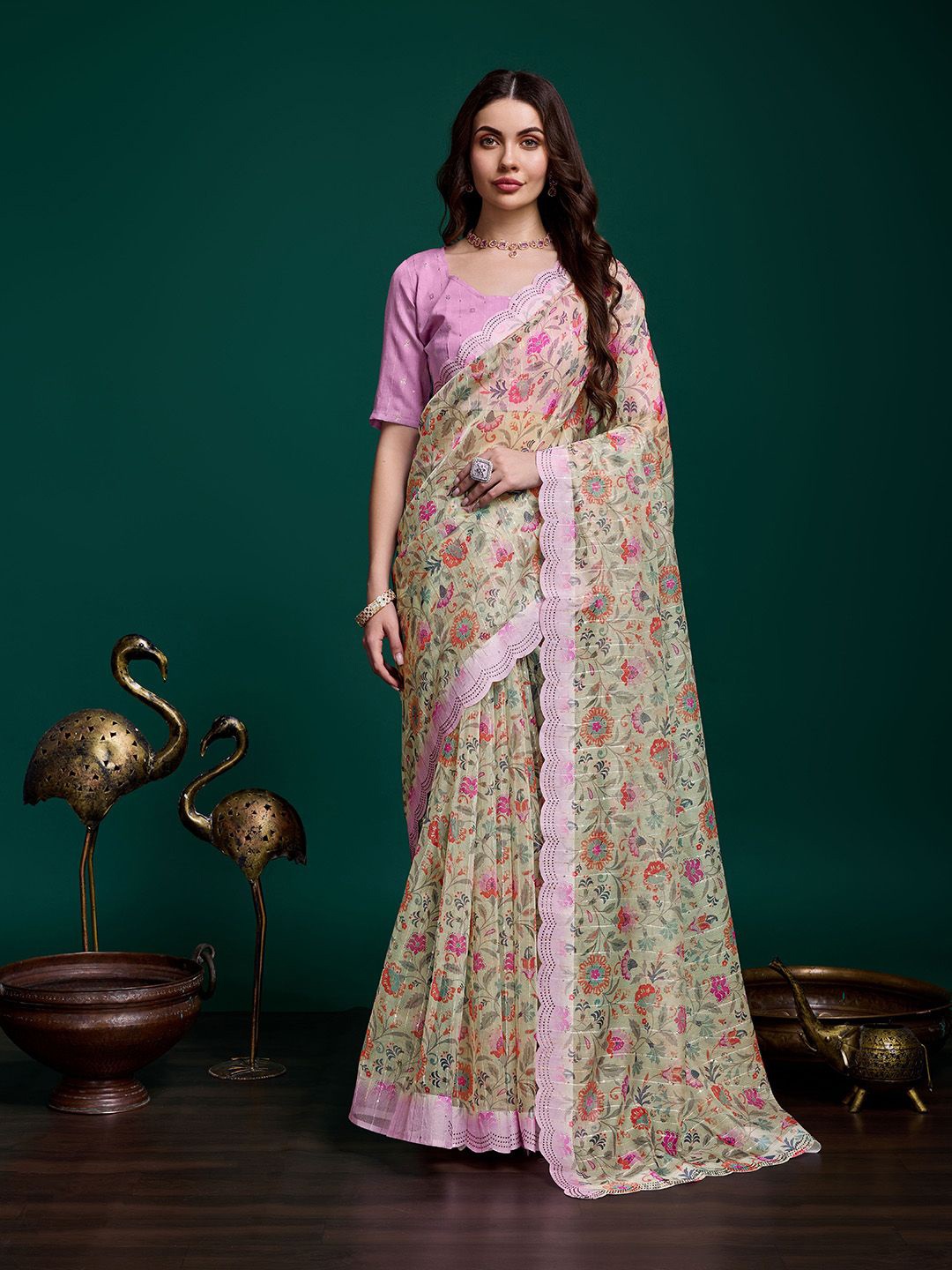 

Ishin Ethnic Motifs Beads and Stones Organza Saree, Green