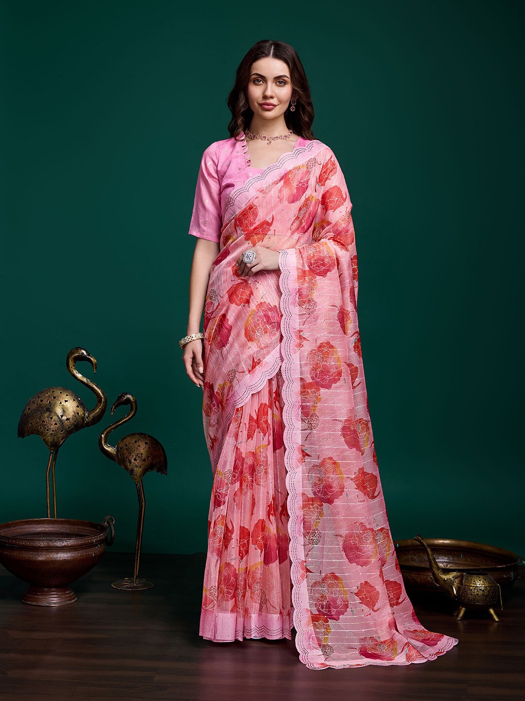 

Ishin Floral Beads and Stones Organza Saree, Pink