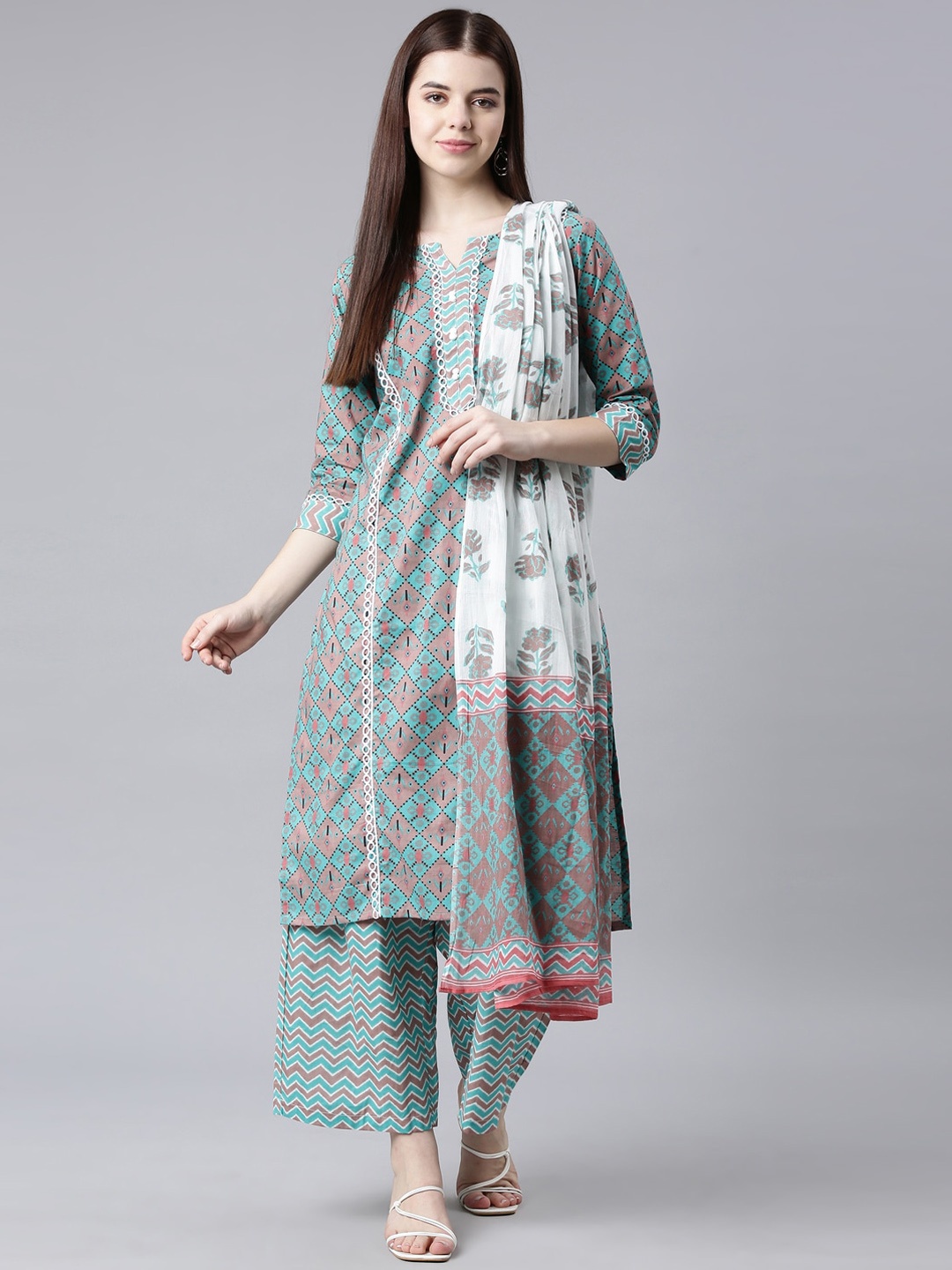 

Samhitas Floral Printed Regular Gotta Patti Pure Cotton Kurta with Trousers & Dupatta, Brown
