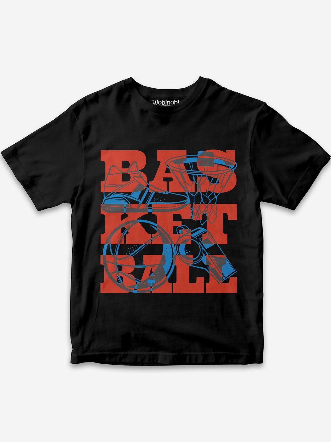 

Wobinobi Boys Basketball Print Bio Finish Pure Cotton T-shirt, Black