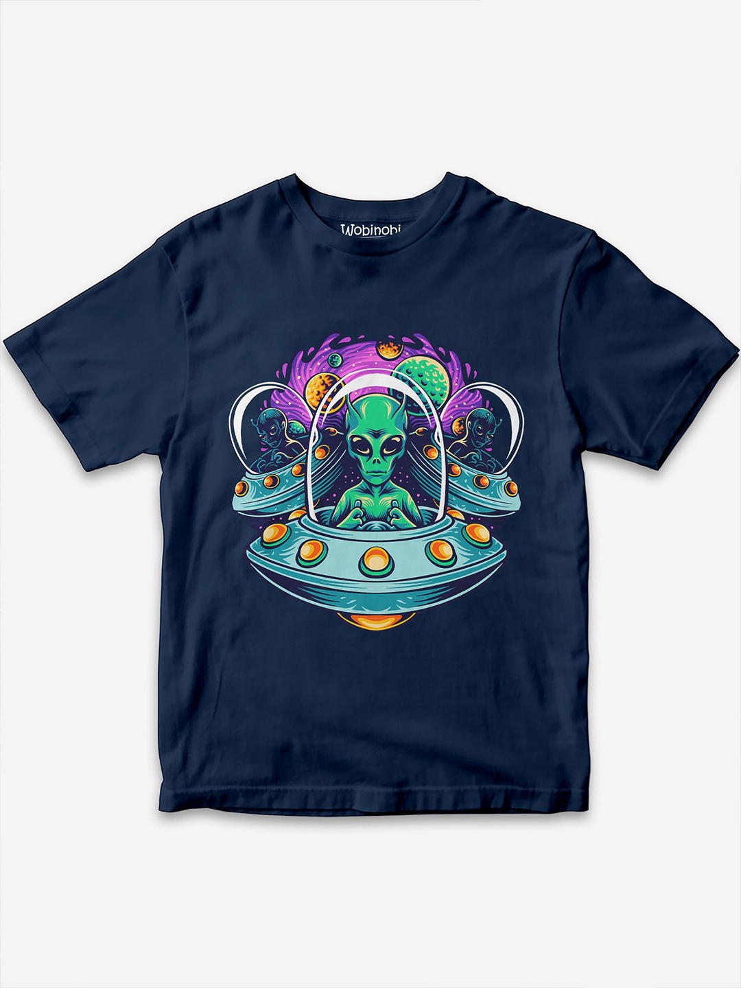 

Wobinobi Boys Alien Print Bio Finish Pure Cotton T-shirt, Navy blue