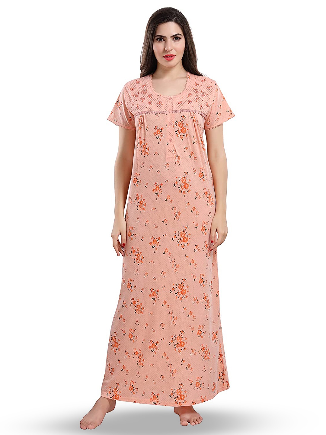 

9shines Label Women Floral Printed Maxi Nightdress, Orange