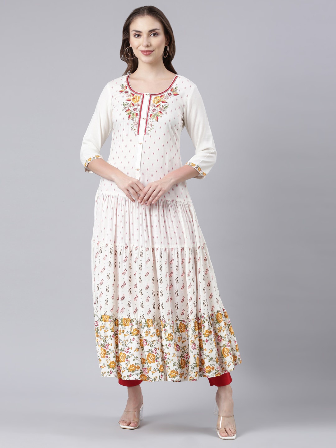 

Neerus Floral Printed Floral Anarkali Kurta, Off white