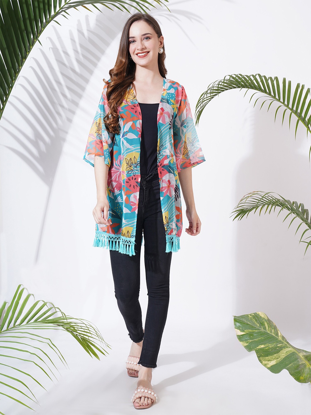 

Fbella Women Floral Printed Tasselled Shrug, Blue