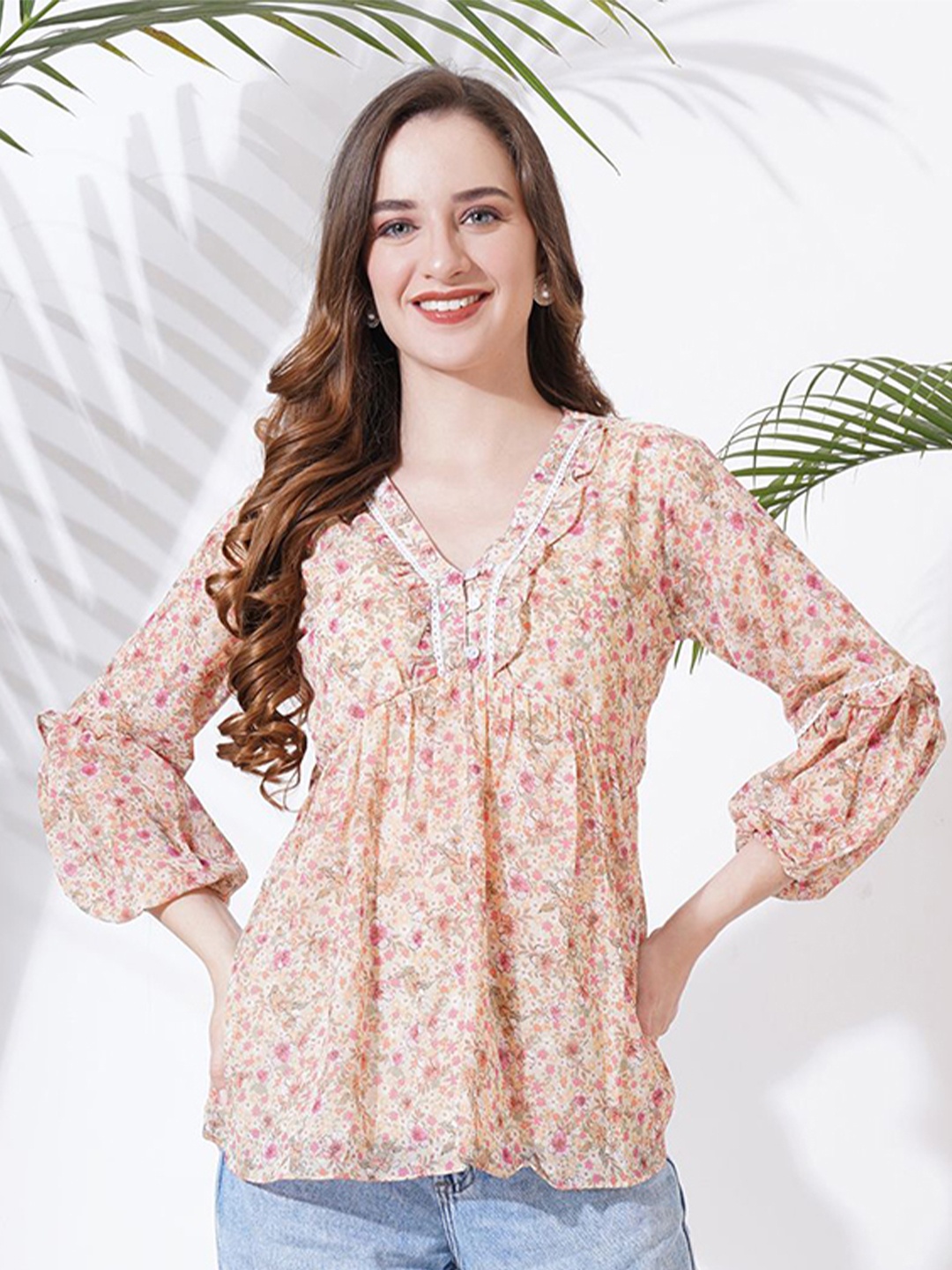 

Fbella Women Floral Printed Casual Ruffle Top, Beige