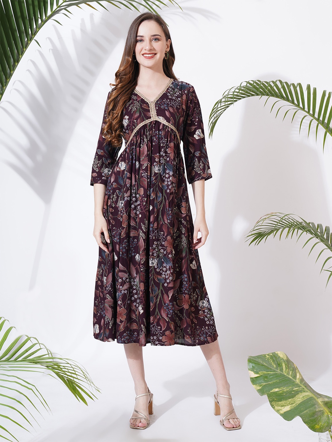 

Fbella Women Floral Print Empire Midi Dress, Maroon