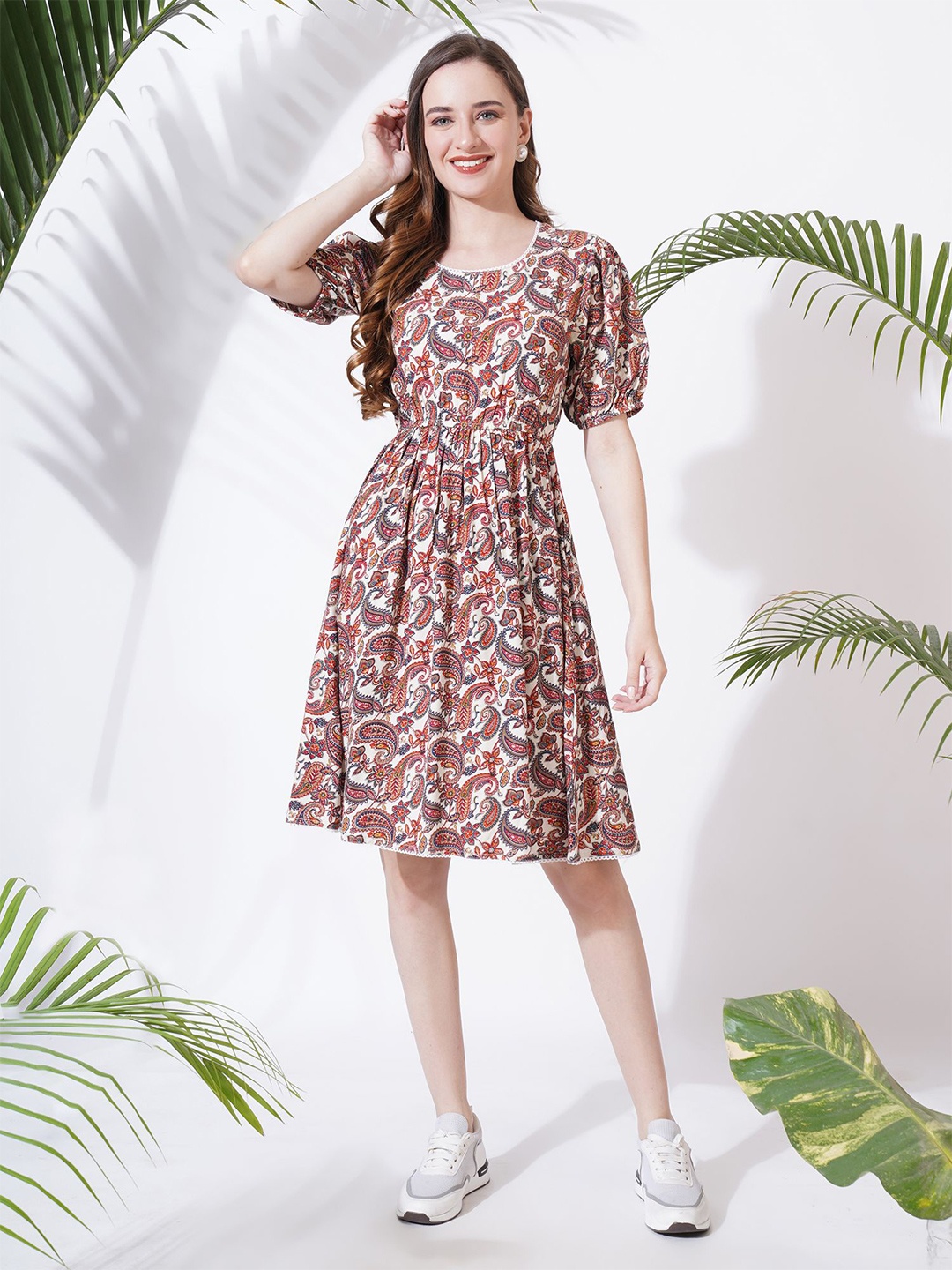 

Fbella Floral Print Puff Sleeves Fit & Flare Dress, Multi